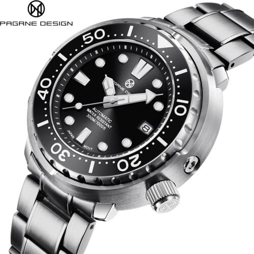 PAGRNE DESIGN Brand Diver Mens Watch Stainless Steel Mechanical Watches Sapphire Glass Waterproof Automatic Watch Reloj Hombre