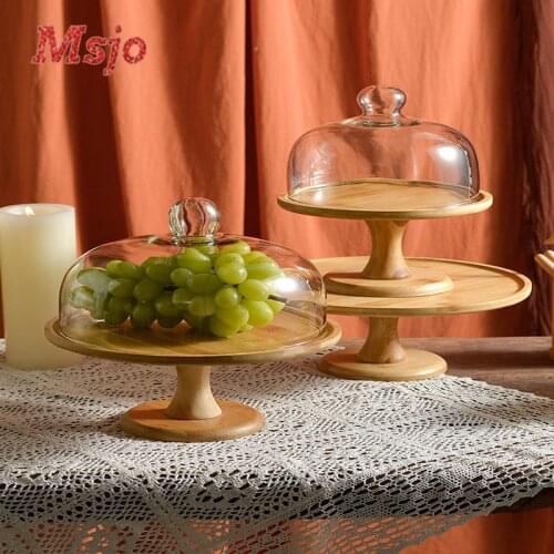 Ins Style High Foot Cake Wooden Tray With Glass Lid Dessert Decoration Afternoon Tea Party Cake Tray Party Birthday Cake Tray