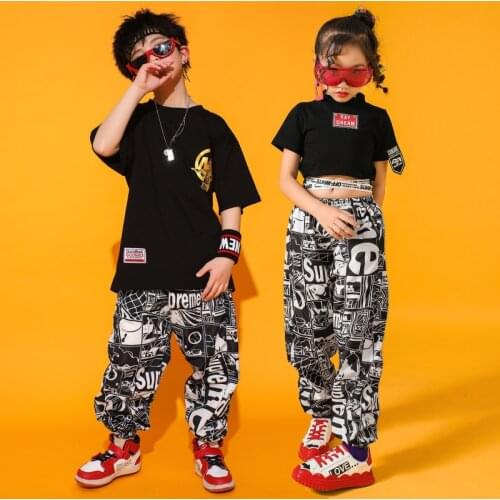 Children Hip Hop Performance Clothes Black Loosed T Shirt Tops Graffiti Pants For Boys Jazz Dance Carnival Costumes Street Wear