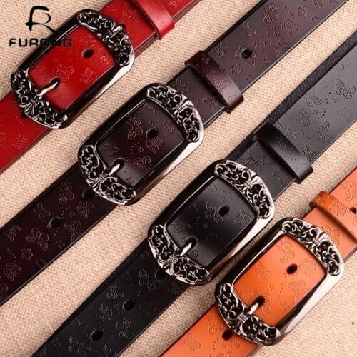 FURONG Designer Women Belt Fashion Real Cow Leather Belt With Butterflies Pattern Female Pattern Design Pin Buckle Waist Belt