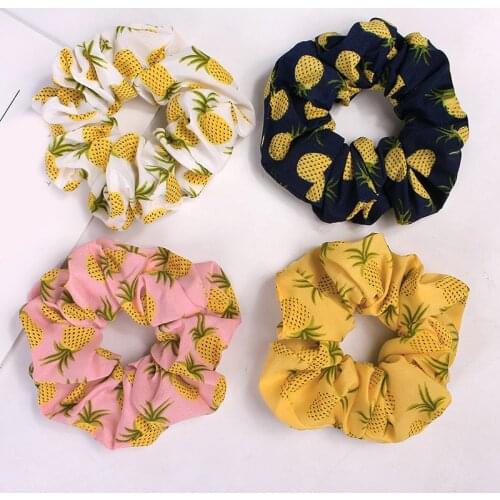 Strawberry Pineapple Printed Scrunchie Elastic Hair Band Hair Ties Girls Cute Elastic Ponytail Holder White Pink Yellow Headwear