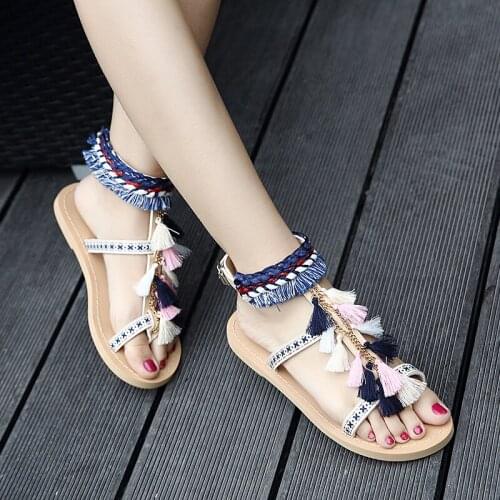 Ethnic design mixed color tassel sandals women metal chains summer shoes fringe sandalias mujer ankle strap flip flops c204