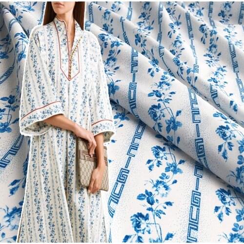 European brand golden digital printing fabric blue flower sewing fabric factory shop not out of stock