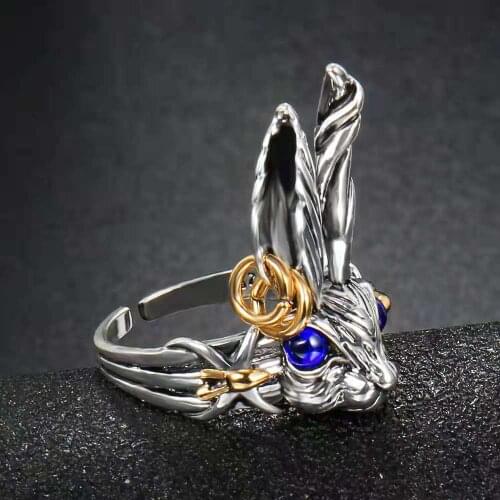 Fantasy Fairy Tale Blue Eyes Bunny Ring Cute Big Ears Rabbit Women Ring Retro Silver Color Men Ring Fashion Jewelry Gift