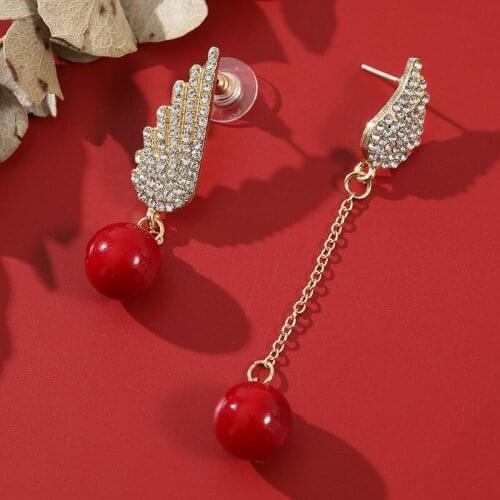 Hinese Style Fashionable Alloy Jewelry Asymmetric Angel Wings Red Beads Four Seasons Earrings womens Long Style