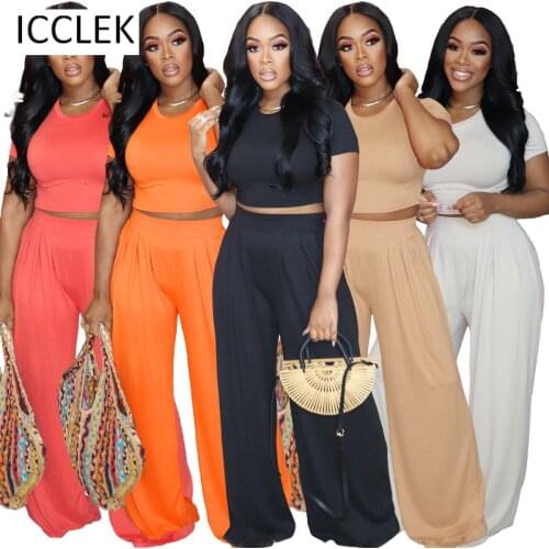 ICCLEK Wholesale Items Plus Size Summer Women Fashion Casual Solid Color Loose Wide Leg Pants Two-piece Suit