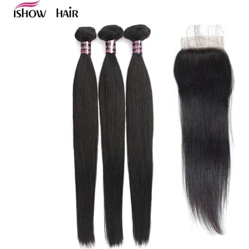 Ishow Malaysian Straight Hair Bundles with Closure 100% Human Hair Bundles With Closure 3 Bundles Non Remy Hair With Closure