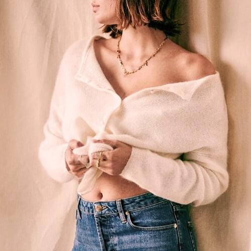 Ruelen Solid Mohair Wool Cardigan Sweater Women 2021 Autumn Buttons Solid Sweater Female Casual Commuter Elegant Knit Cardigan