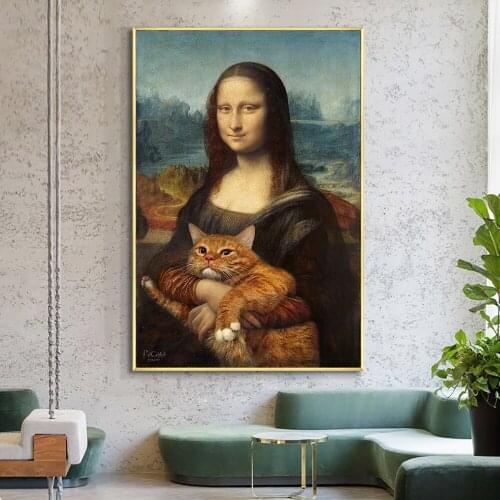 Minimalism Mona Lisa Poster Print on Canvas Art and Cat Animal Wall Art for Scandinavian Room Home One Piece Decoration No Frame