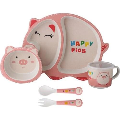 Cartoon 5Pcs/Set Bamboo Fiber Baby Tableware Feeding Tray Set Children Separation Plate Dishes Bowl Cup Fork Spoon Baby Gifts