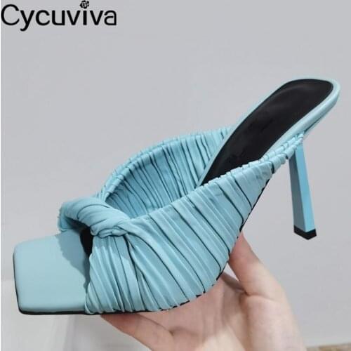 Sexy Twist High Heel Slippers Square Toe Slip On Mules Women Slides Party Wedding Sandals Female Pumps Women Shoes Summer 2021