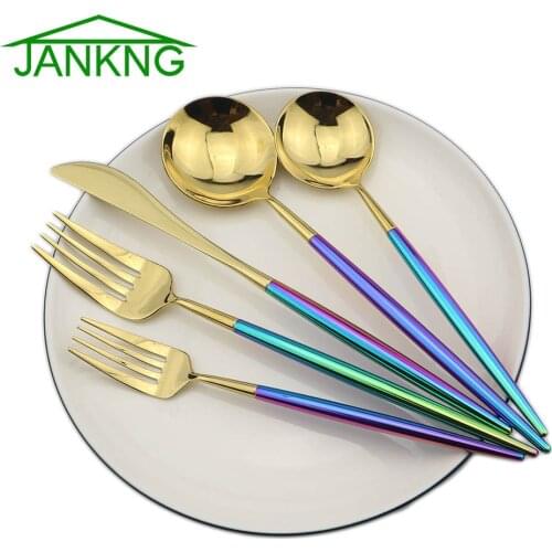 JANKNG Stainless steel Carving Handle Rainbow Dinnerware Set Embossment Steak Knife Tableware Set Cutlery Dinner Fork Soup Scoop