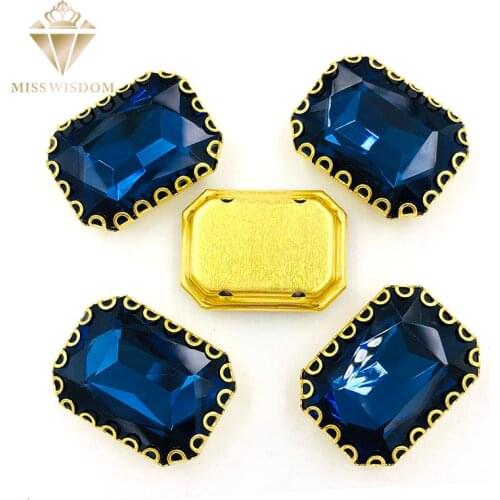 NEW 8X10/10X14/13x18mm sew on rhinestones Ink blue Rectangle gold base lacy shape claw glass crystal rhinestones Diy accessories