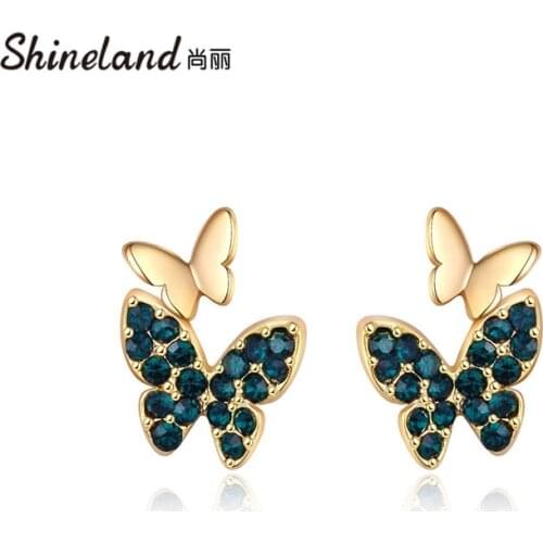 Shineland 2021 Fashion Elegant Crystal Butterfly Colorful Zircon Stud Earrings Simple Cute Female Lady Small Brincos Jewelry