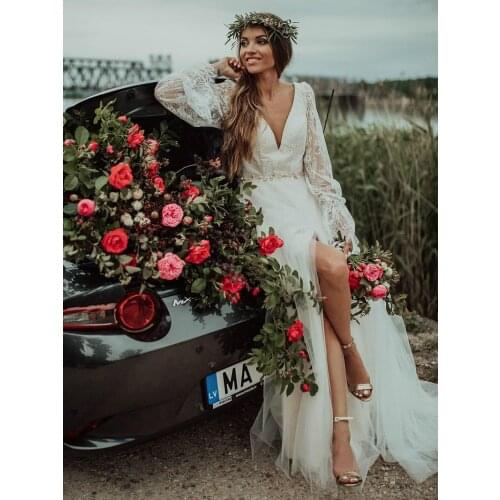 11104#Bohemian Wedding Dresses Illusion V Neck Long Sleeve Bridal Gowns Plus Size Backless Slit Wedding Gown Lace Wedding Dress