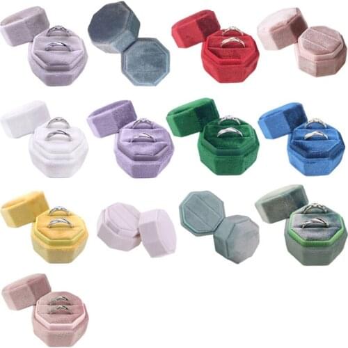 Octagon Velvet Ring Bearer Box - Premium Gorgeous Vintage Double Rings Display Holder Detachable Lid Proposal Engagement Wedding