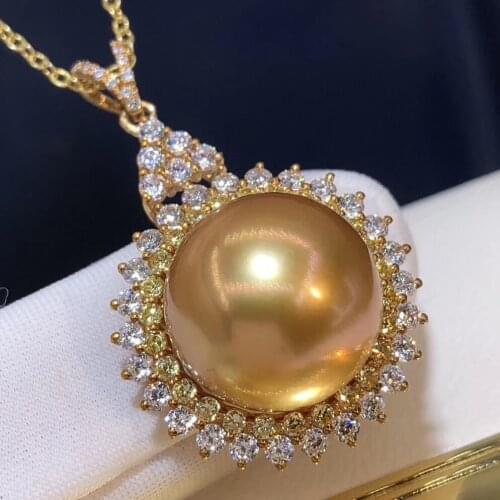 D611 Pearl Pendant Fine Jewelry Solid 18K Gold Zircons Round 13-14mm Nature Sea Water Golden Pearls Pendants Necklaces for Women