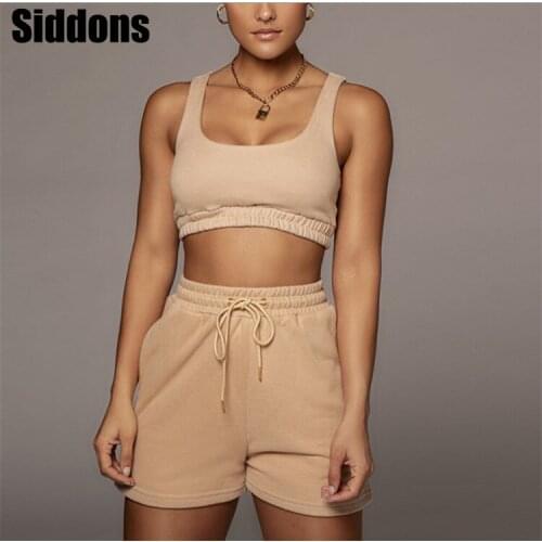 Casual Solid Sportswear Two Piece Sets Women 2021 Crop Top and Drawstring Shorts Matching Set Summer Athleisure Outfits