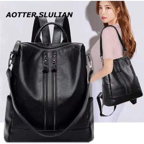 College Style Woman Backpack Sheepskin Leather Black Handbag Teenage Girls Female School Shoulder Bags Mochil Back Pack Big Tote