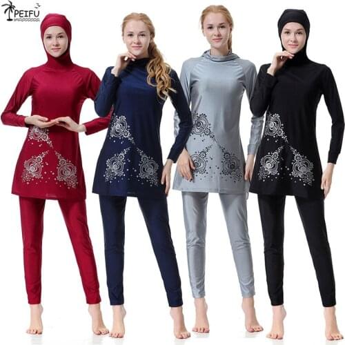 PEIFU Women Large Size Printed Floral Full Cover Muslim Swimwear Women Islamic Conservative Swimsuit Hijab Beachwear Bathing Sui