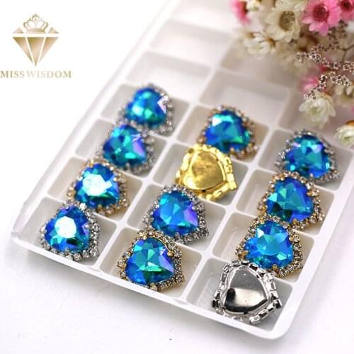 Hot selling 12mm 14mm 10pcs Lake blue AB Heart shape sew on rhinestones glass crystal button with hole Diy jewelry accessories