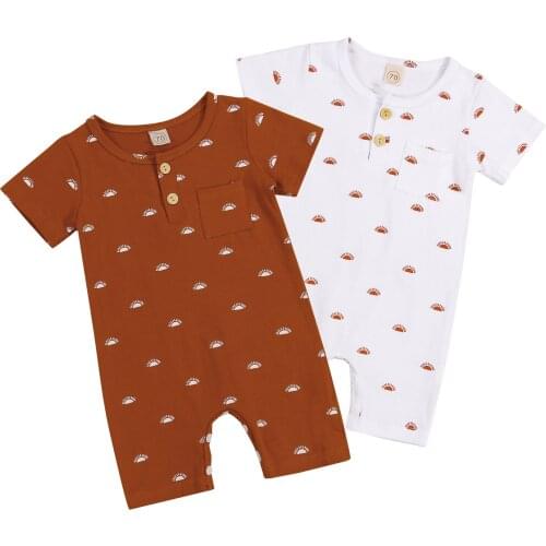 2021 2 Pcs Toddler Baby Girls Boys Jumpsuit Infant Summer Sun Printing Pocket Decoration Short Sleeve Round Collar Button Romper