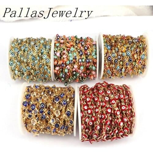 5 Meters 5MM Colorful Color Eyes Round Coin Beads Rosary Chains, Plated Gold Copper Eyes Enamel Beads Necklace Chains