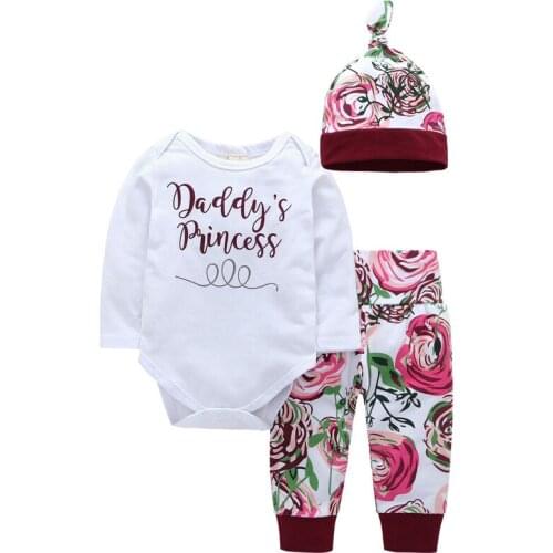 Baby Girl 2018 Fashion Bodysuits Children Newborn Children Clothes Infant 3pcs Hat+Daddys Princess Long Sleeve+Floral Pants