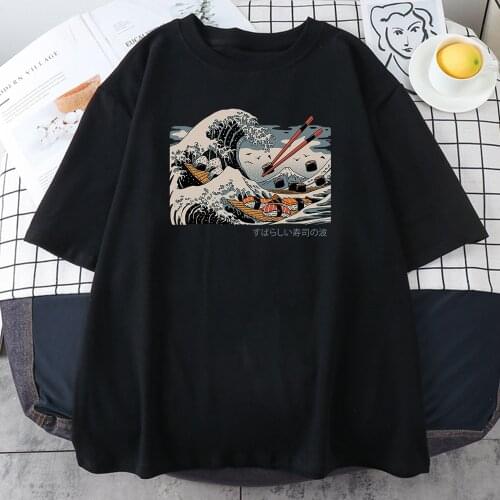 Sushi Wave Ukiyo e Harajuku Print T-Shirt Women Anime Quality Tshirts Pattern Oversize New T Shirt Casual Breathable Tee Clothes