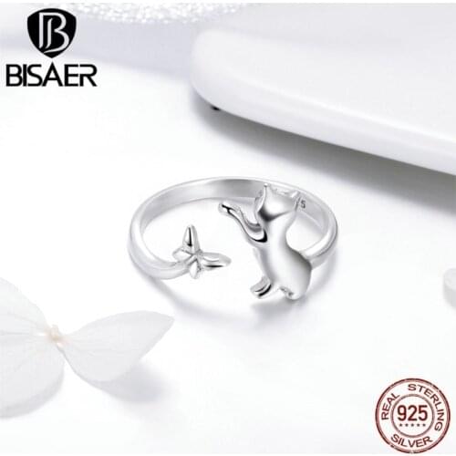 BISAER Real 925 Sterling Silver Cat Play With Butterfly Adjustable Rings for Women Finger Sterling Silver Jewelry Anel ECR443