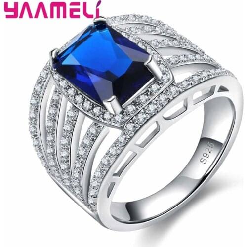 Top Selling Charming Shiny Blue Lucky Crystal Stone Ring Banquet Woman Jewelry 925 Sterling Silver For Wedding Prom