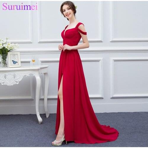 Red Sexy Girls Prom Dresses Floor Length Chiffon High Slit Long Prom Gown