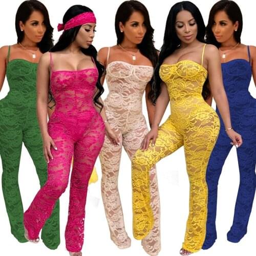 Adogirl Lace Crocheted One-piece Jumpsuits Spaghetti Strap Flower Print Lace Suits Hollow Out See Through Nightclub Suit