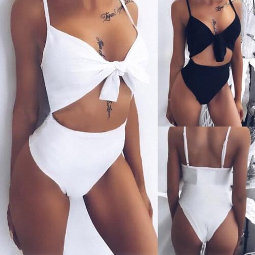 Summer Women Padded One-piece Swimsuit With Bow Tie Bandage Bikini Push Up Monokini Swimsuit Bathing Suit Beach Swimwear