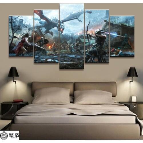 Home Decor Modular Canvas Picture 5 Piece Elder Scrolls V Skyrim Game Painting Poster Wall For Home Canvas Painting Wholesale