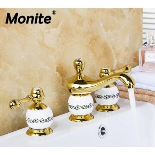 Monite Golden Polished 3 Pcs Set Bathtub European Design Bathroom Faucet Deck Mounted Luxury Shower Basin Mixer Tap Faucet
