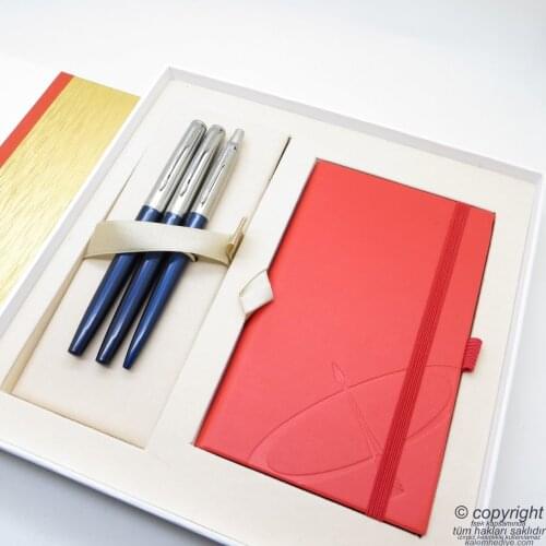 Parker Jotter Metal Blue İsme Special Multi Set - Defterli Big Box-Fountain Pen + Roller Pen + Ballpoint pen | Gift