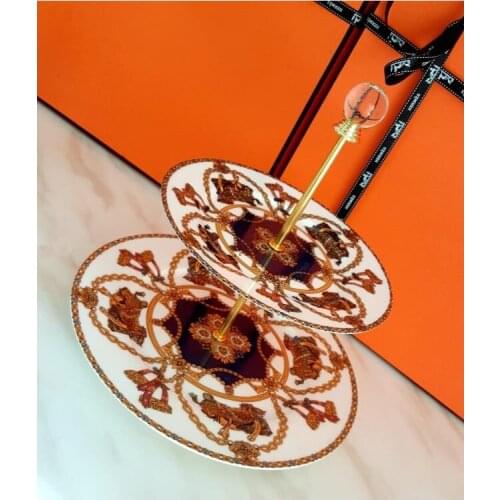 Flower print cake stand plates double layer hand paint red gold floral snack tray wedding decor party accessories