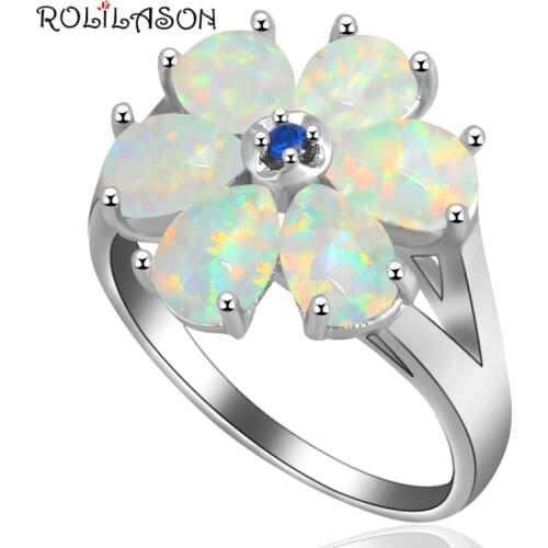 ROLILASON 2019 High quality Flower jewelry for women Best Green fire Opal silver plated Stamped Rings USA size #7#8 OR604