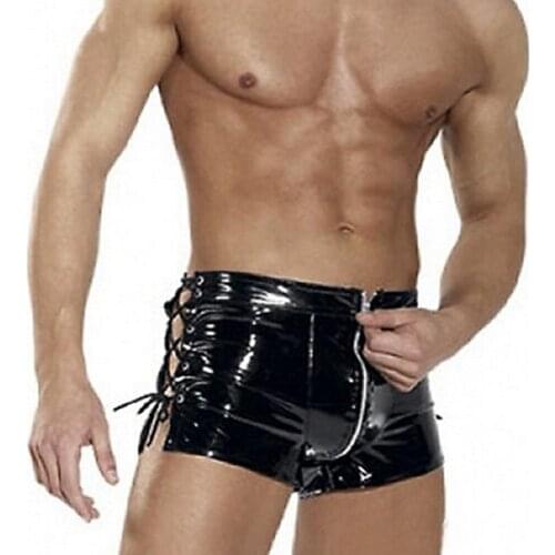 Sexy Mens Lingerie Latex PVC Bondage Leggings Open Crotch Shorts Fetish Gay Faux Leather Lace Up Short Pants Pole Dance Clubwear