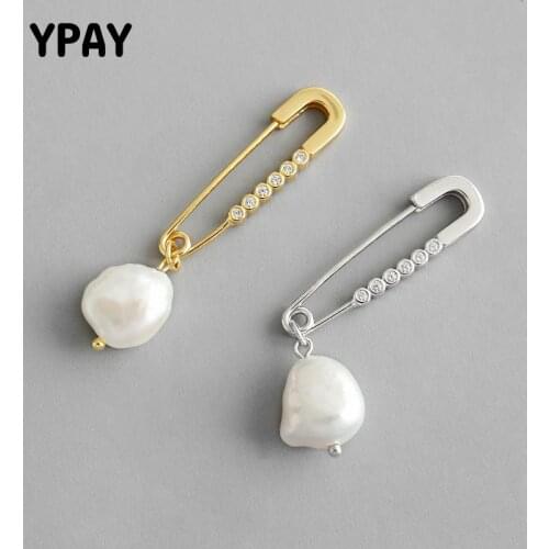 YPAY 1PCS Genuine 925 Sterling Silver Zircon Earring Pin Design Baroque Freshwater Pearl Pendant Drop Earrings for Women YME544