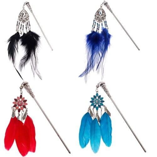 Hairpin Feather Decoration Hair Accessories For Girls Women Boho Vintage Flower Beaded Silver Color Sticks For Hair Jewelry Gift