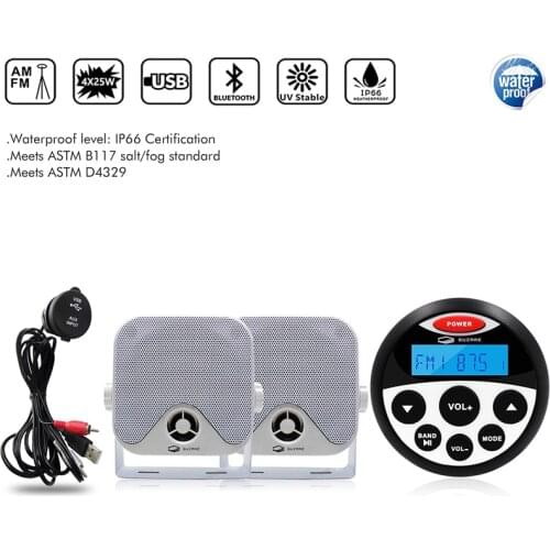 Waterproof Marine Stereo Boat Bluetooth Radio Sound System FM AM Receiver Car MP3 Player+4 Inch Marine Speakers+USB Audio Cable