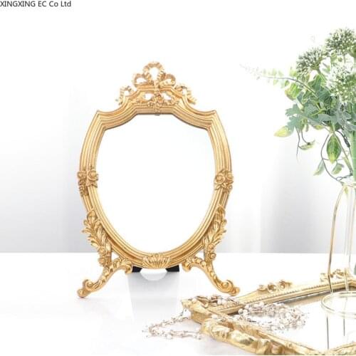Retro French Carved Style Gilt Hollow Bow Embossed Makeup Mirror Vanity Mirror Ornaments Glass Tray Storage Jewelry Tray