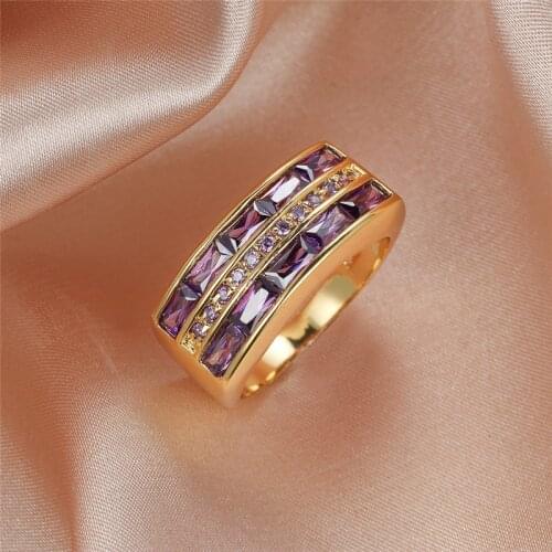 Women Men Vintage Fashion Yellow Gold Ring Charming Purple Crystal Zircon Rings For Female Male Wedding Jewelry Engagement Ring