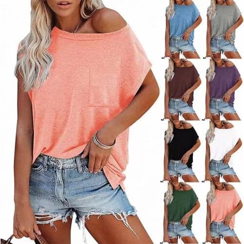 Woman Tshirts 2021 Summer New Pure Color Off Shoulder Round Collar Short Sleeve T-shirt Female Harajuku T Shirt Women AXR2021217