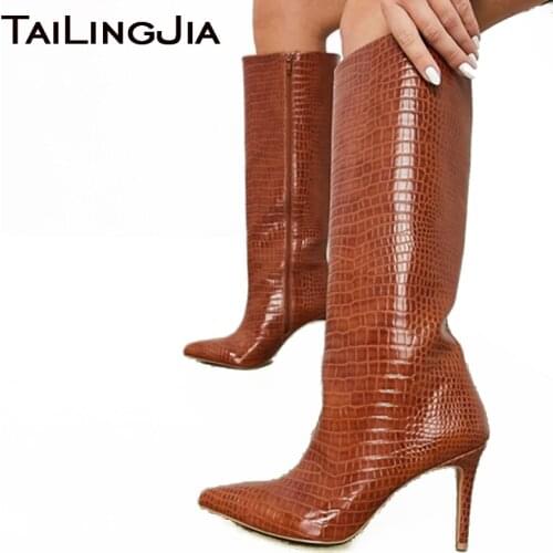 Brown Crocodile Pattern PU Womens High Heel Knee High Boots 2020 New Pointed Toe Stilettos Long Boot Large Size Winter Shoes