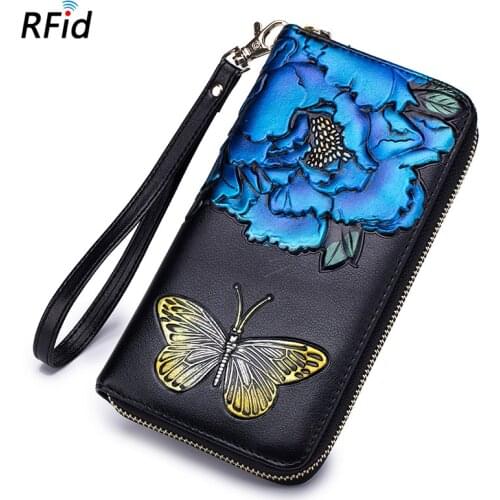 Women Clutch Purse Long Split Leather Flower Print RFID Designer Ladies Wallet Ziopper Credit Card Phone Holder with Wrist Band