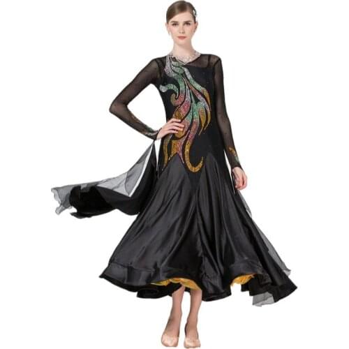 B-17258 New pearl silk black ballroom dance wear, Custom modern ballroom dancing competition long dress for woman