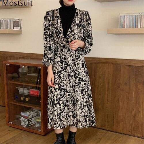 Fake Two Pieces Turtleneck Printed Women Long Dress 2021 Spring Full Sleeve Elastic Waist A-line Korean Vintage Vestidos Femme
